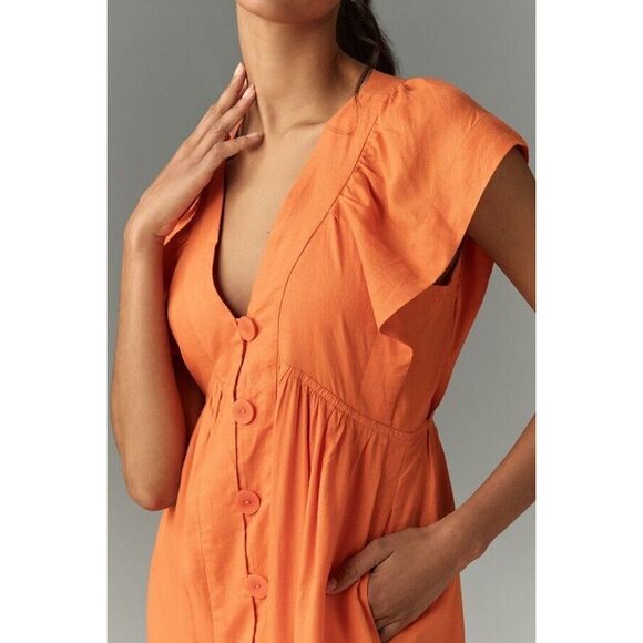 Anthropologie Flutter-Sleeve Linen Button-Front Midi Dress - Picture 3 of 10